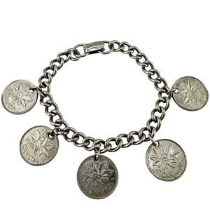 Vintage Canadian Coins Maple Leaf 1941 to 1952 Silver Tone Charm 6.5" Bracelet